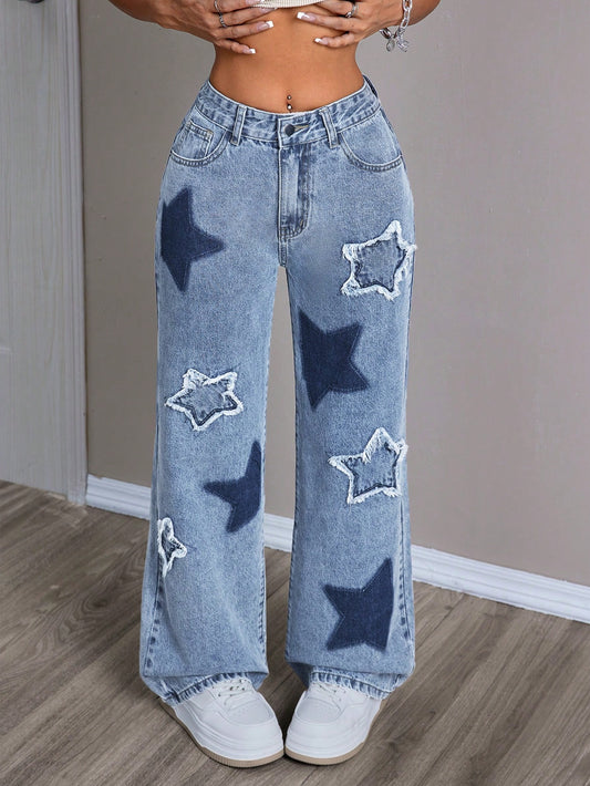 Starry Print Jeans With Distressed Cut Design